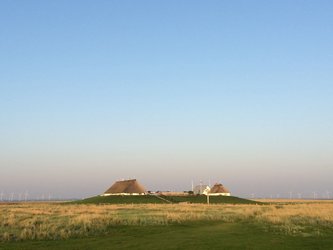 weite Wiese mit Häusern und Windrädern im Hintergrund