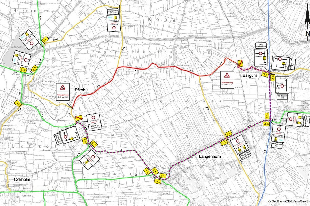 Eine Straßenkarte mit Markierungen zur Umleitung des Verkehrs